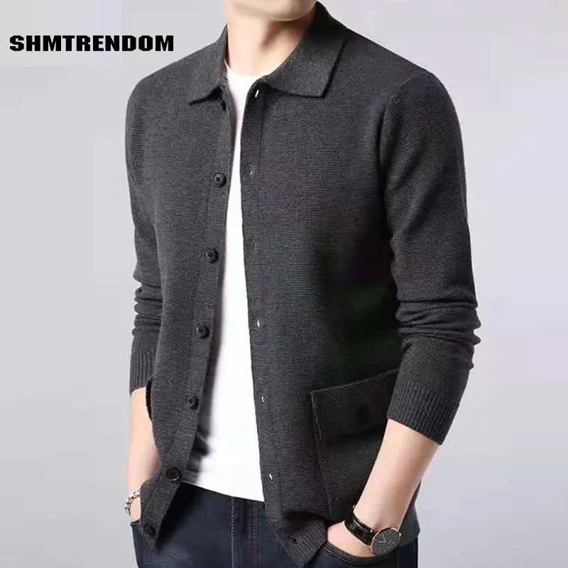 

SHMTRENDOM Cardigans Mens Sweaters High Quality Long Sleeve Solid Color Knitted Casual Single Breasted Male Sweaters