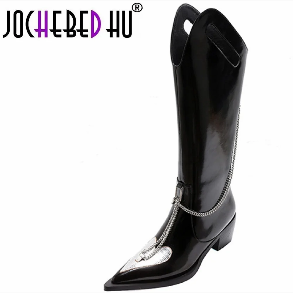 

【JOCHEBED HU】Women's Black Knee High Boots Pointed Toe Pull On Knight Shoes Metal Decoration Chain 34-40