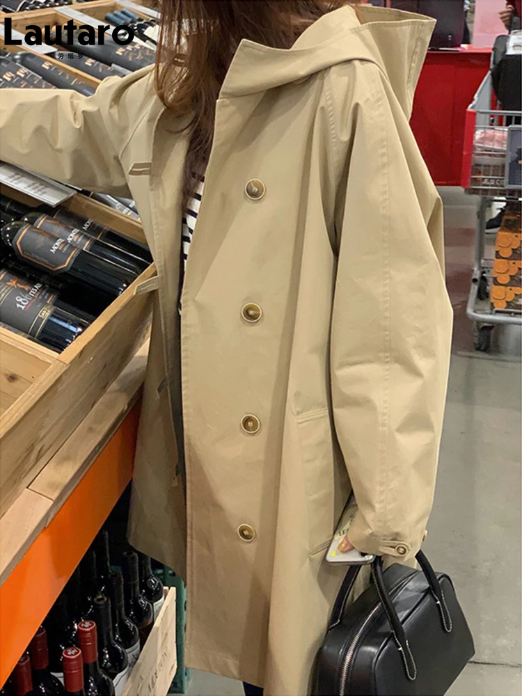 

Lautaro Spring Autumn Long Khaki Trench Coat for Women with Hood Raglan Sleeve Loose Casual Luxury Korean Style Fashion 2023