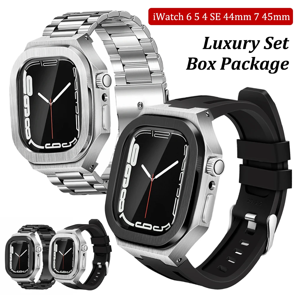 

Case+Glass For Apple Watch 44mm 45mm Silicone Metal Bezel Modification Kit Stainless Steel Set For iWatch SE 7 45MM 6 5 4 44MM