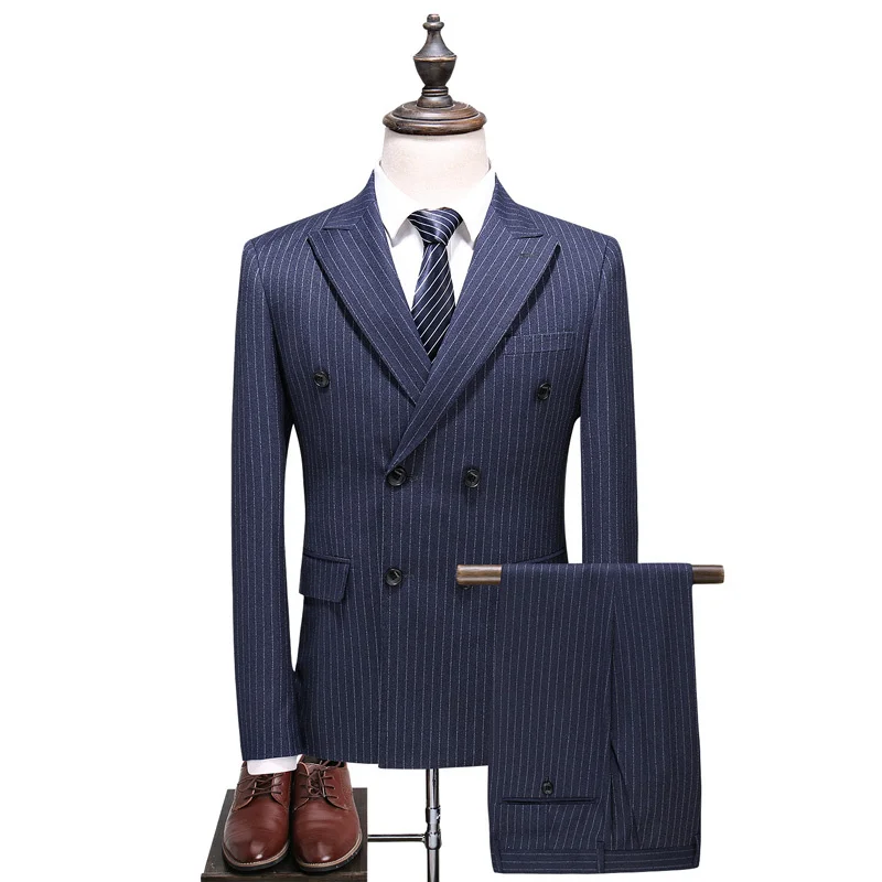 

Мужской синий серый двубортный полосатый костюм 2023 большого размера S-5XL облегающий деловой s Новый Модный свадебный костюм для жениха 3 предмета