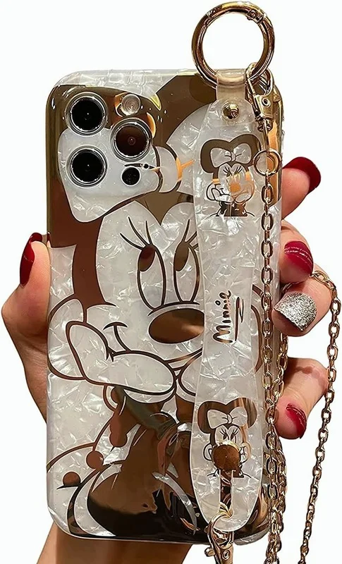 

Filaco Cartoon Case for iPhone 14 Pro Max 6.7", Cute Golden Minnie Sparkle Bling Cover with Metal Chain Strap, Wrist Stra