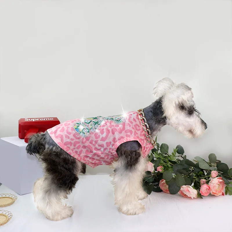 2023 New Summer Pet Clothes Shirt Small Medium Dog Schnauzer Corgi Clothing Green Bear Brilliant Diamond Thin Pet Costume