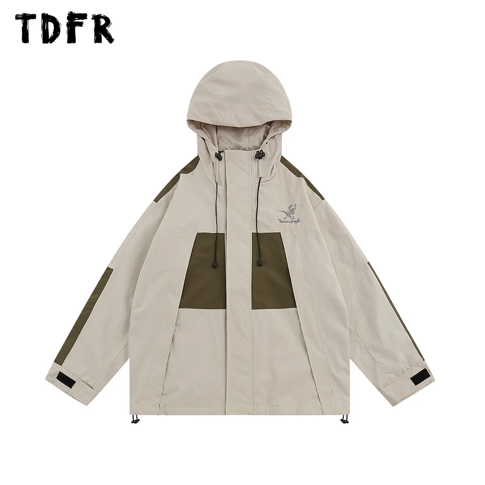 

Embroidery Hooded Jacket Mens Autumn Winter Safari Style Casual Loose Drawstring Hem Long Sleeve Outerwear Men Windbreaker