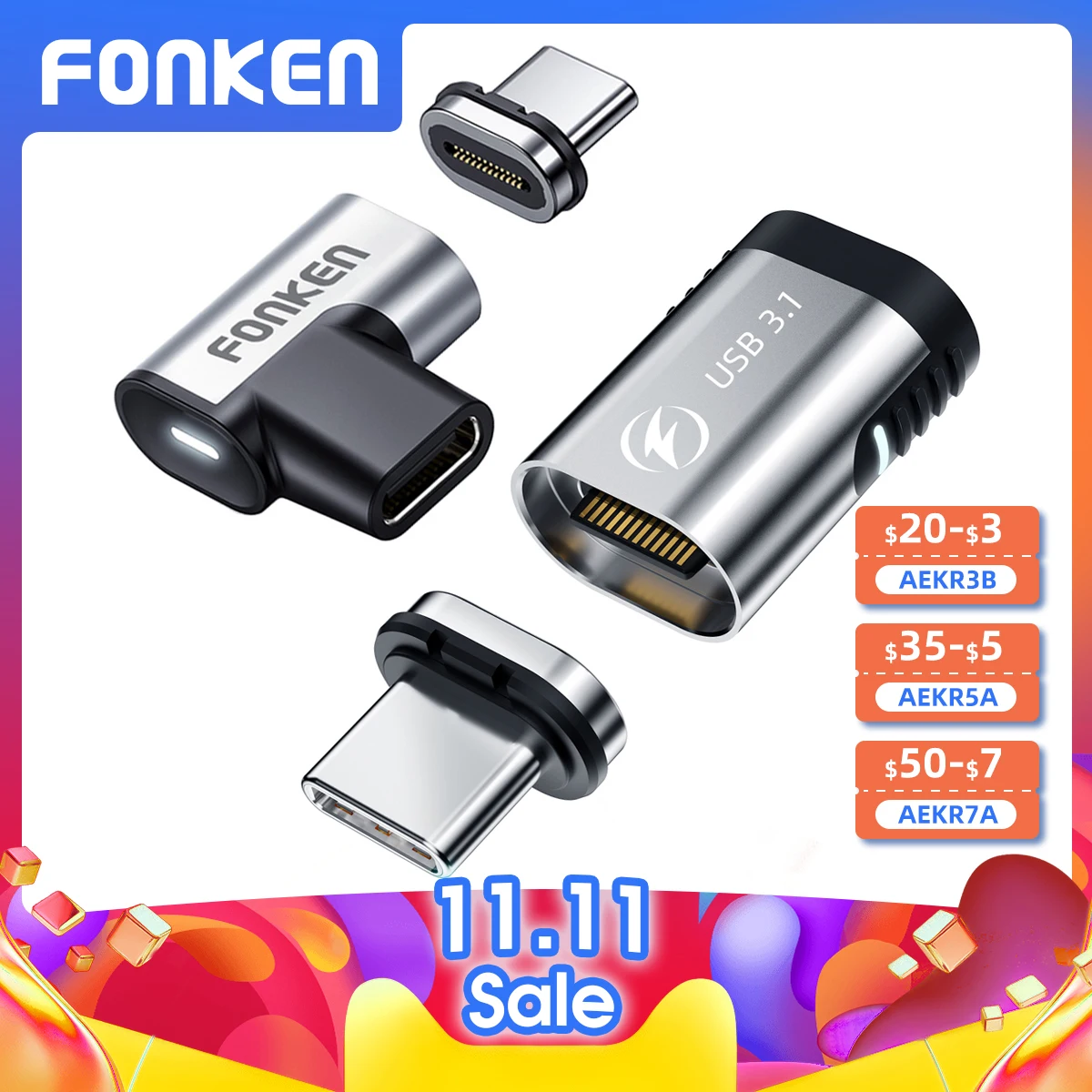 FONKEN PD 100W USB Type C Magnetic Charge Adapter For Macbook Magnet Charge Charger 24Pin USB C 3.1 Fast Charging Connector