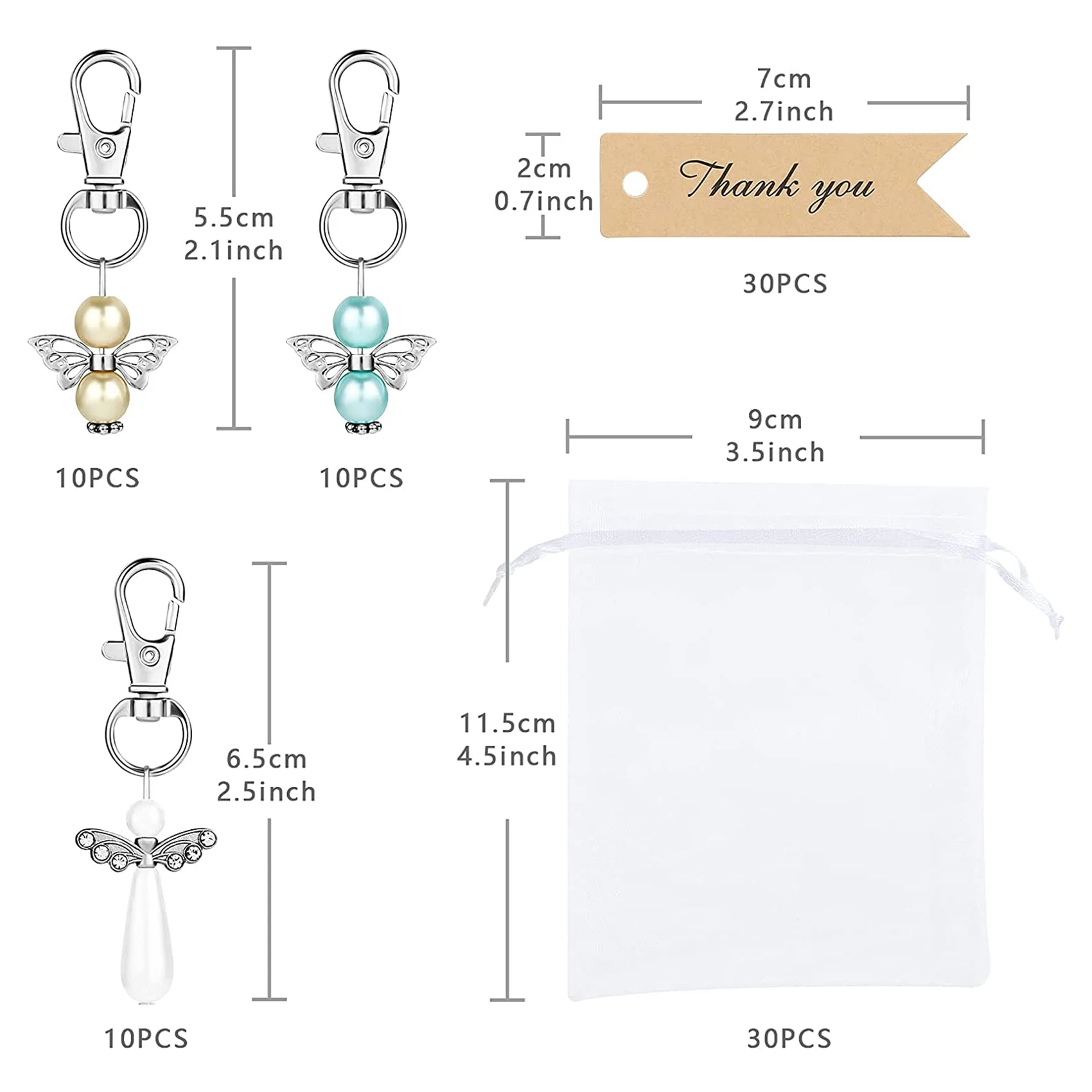 

Set of 30 Angel Keychain with Organza Gift Bags and Thank You Favor Tags Guest Return Gift for Baby Bridal Shower