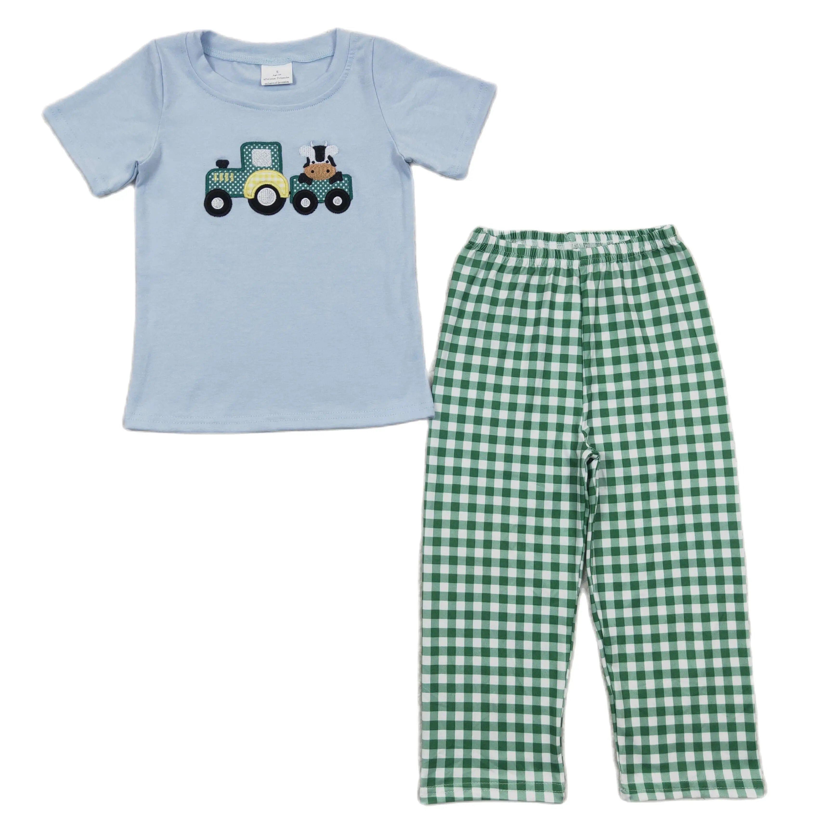 

Комплект одежды для мальчиков из 2 предметов, повседневный топ с вышивкой и клетчатый низ, для детей 1-12 лет