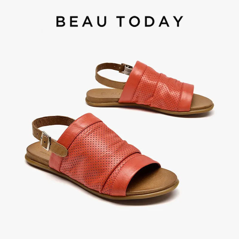 

BeauToday Flat Sandals Women Genuine Cow Leather Solid Color Back Strap Breathable Summer Leisure Ladies Shoes Handmade 73006