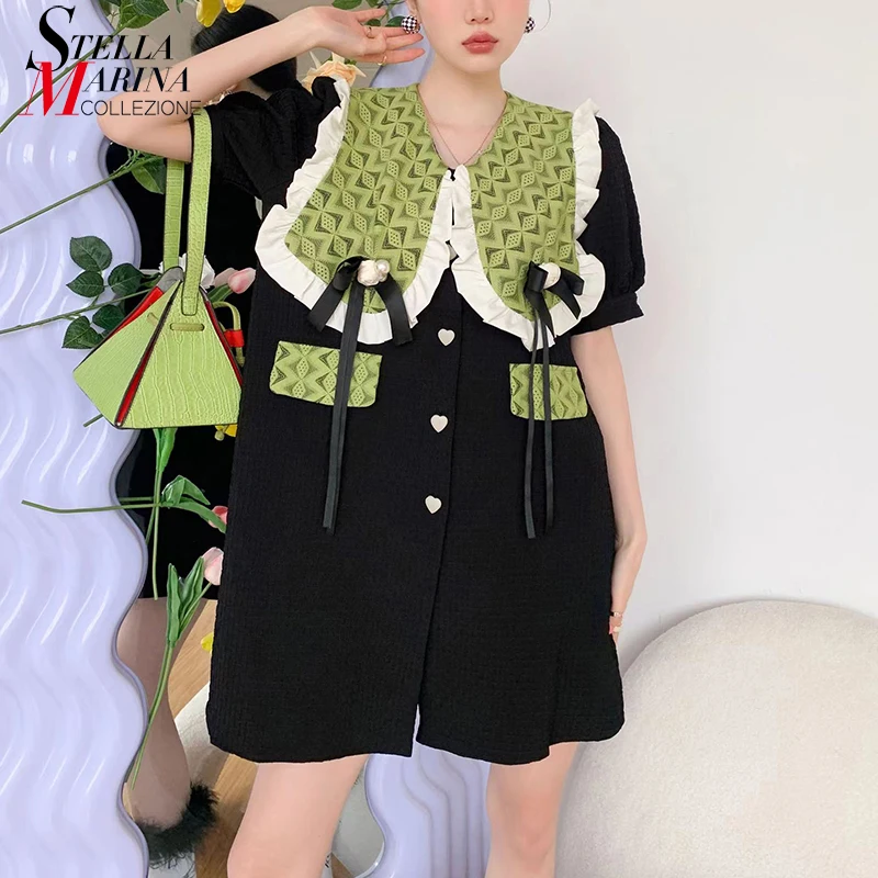 

Прямое Мини Новое лето 2022, женское повседневное черное платье размера плюс с воротником Питер Пэн, милое платье для девочек, Robe Femme Style JC2034