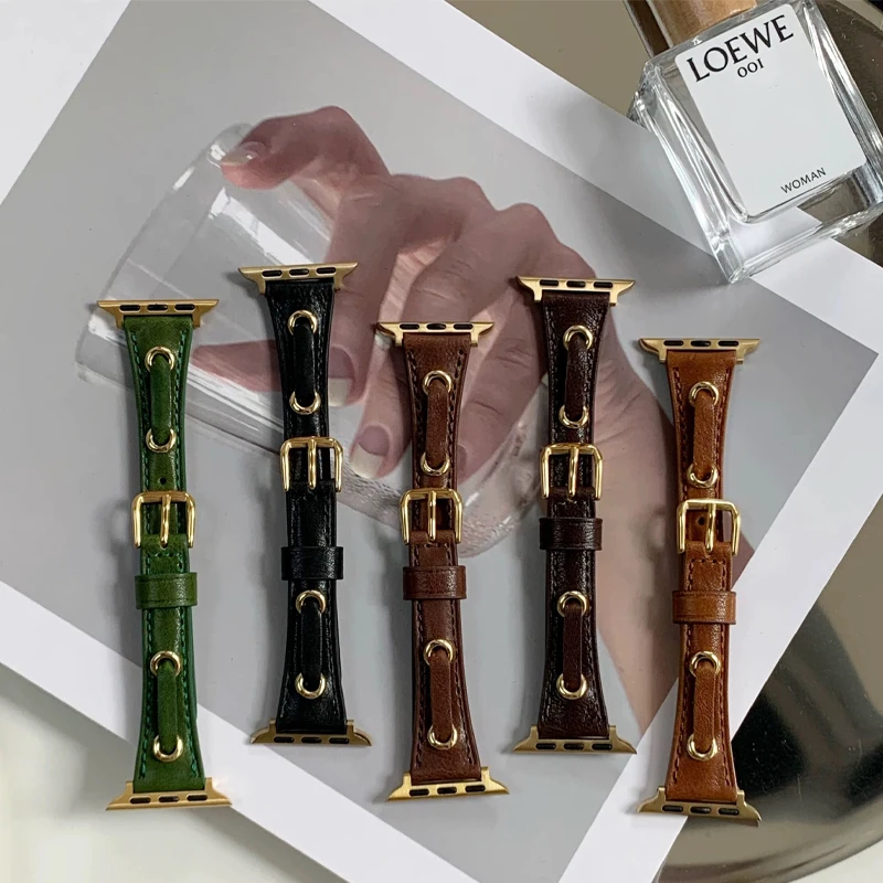 

Ремешок из натуральной кожи для Apple Watch band 44 мм 45 мм 42 мм 40 мм 41 мм 38 мм, роскошный женский браслет для iwatch 8 7 6 5 Ultra 49 мм