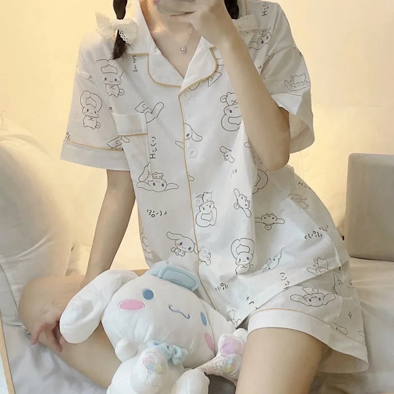

Kawaii Anime Cinnamoroll Cartoon Printing Pajamas Short Sleeve Cotton Sleepwear Shorts Set Cute Women Summer Pajama Suit Gift