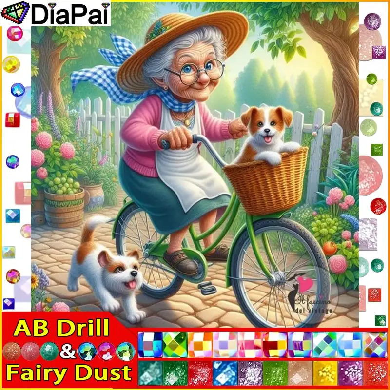 DIAPAI Fairy Dust AB DIY 5D алмазная живопись &quotБабушка собака велосипед&quot полная вышивка