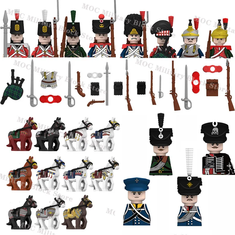 

Фигурки времен немецкой войны Наполеона, французские драгоны, британские солдаты, строительные блоки, средневековые военные лошади, оружие, аксессуары, меч-ружье, игрушка