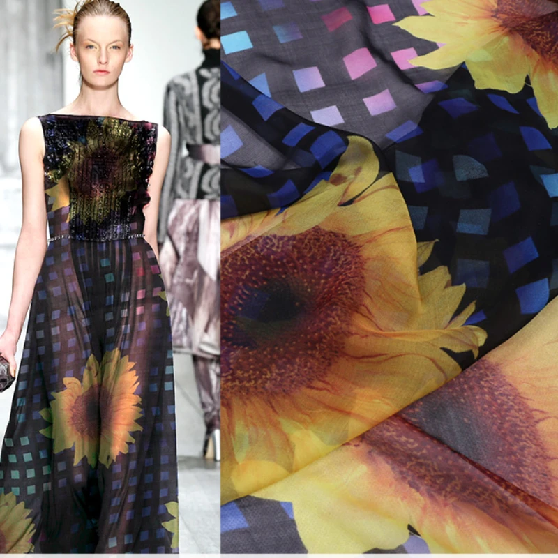 

Customized 100% Mulberry Silk Chiffon Fabric for Sew Thin Transparent Printed Silk Sunflower Scarf Dress Cloth by the Meter Sale