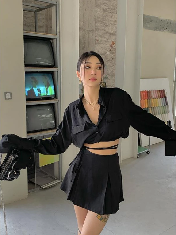 

Повседневный Женский костюм HOUZHOU, Укороченная рубашка, бандажная плиссированная мини-юбка с длинным рукавом, модный сексуальный женский на...