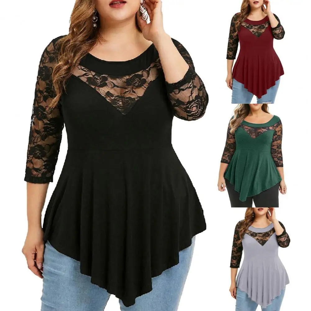 

Women Blouse Solid Floral Lace O-Neck Asymmetrical Top Women Three Quarter Female Short Sleeve Blusas Sweater for Gift Dating