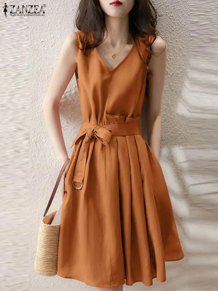 

ZANZEA Fashion Women Solid Tank Dresses Summer 2023 Sleeveless Pleating Knee-length Sundress Holiday V-neck Bandage Pocket Robes