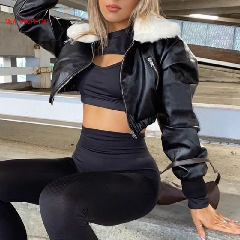 

Женская короткая куртка из ПУ кожи, с отложным воротником и молнией