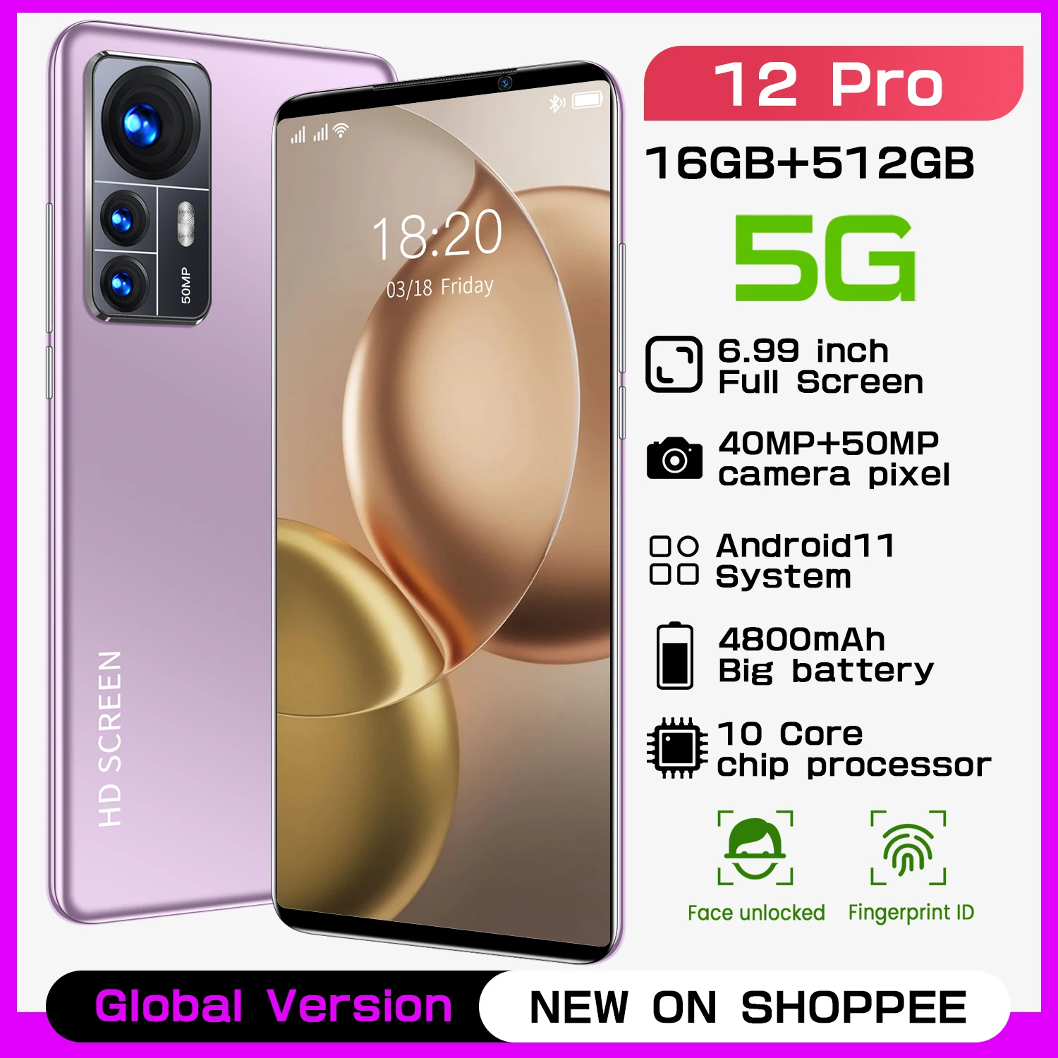 12 Pro 6.99 Inch 256GB/512GB 4800mAh 40+50MP Cellphone 10 Core MTK6889 Fingerprint Face Unlock Dual SIM Android 11.0 Smart Phone