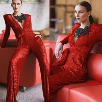 sexy red sequins jumpsuits evening dresses full sleeves prom gowns with belt custom made robe de mari%c3%a9e