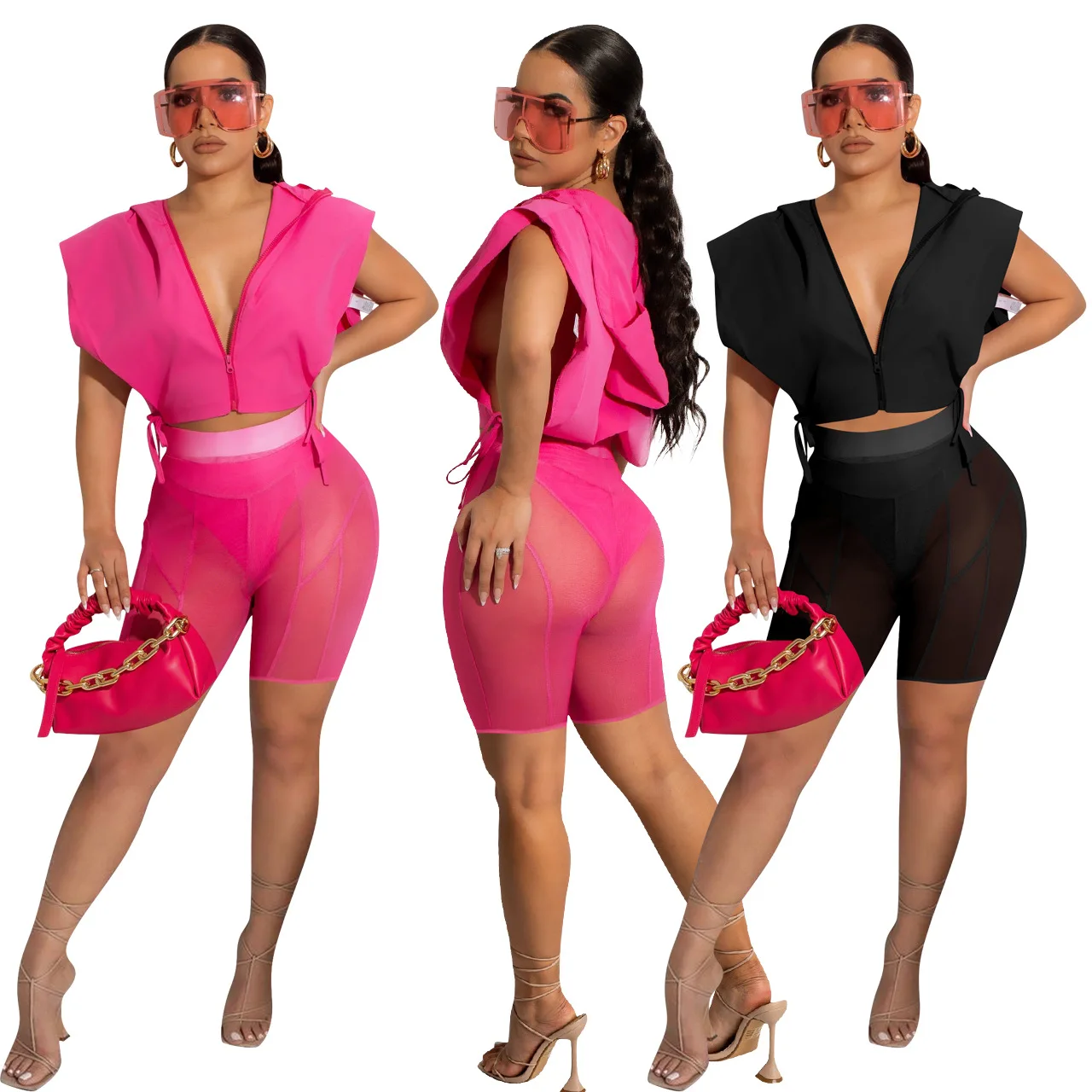 

Bulk Items Wholesale Lots Summer Hooded 2 Piece Sets Womens Outfits Fashion Casual Zipper Top Mesh Slim Shorts Women Streetwear