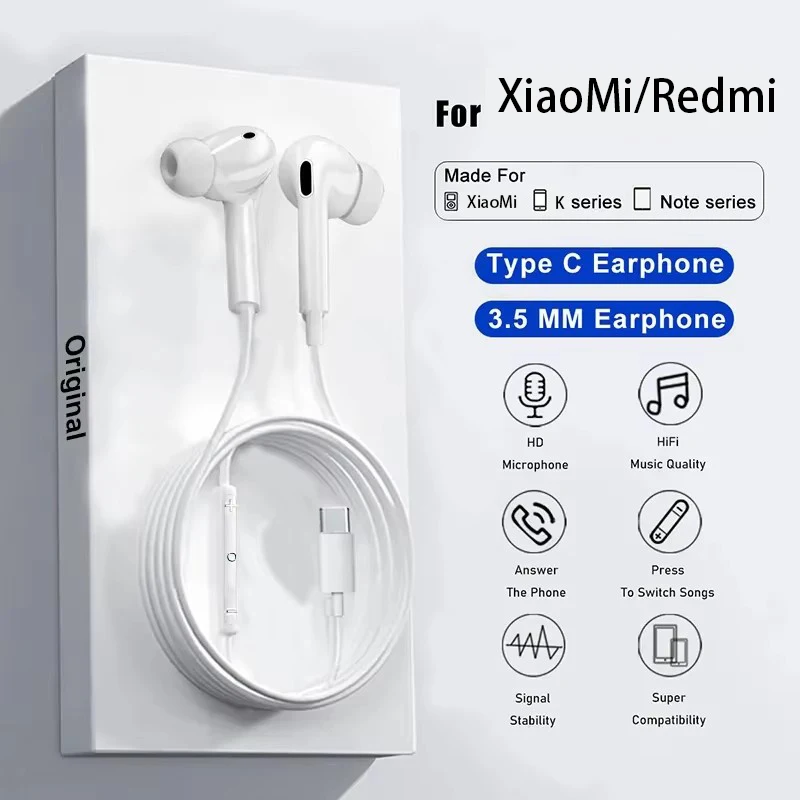 Фото Оригинальные проводные наушники типа C для XiaoMi 13 14 15 Redmi Note 11 12 Pro Plus 5G, аксессуары для наушников с разъемом 3,5 мм №1