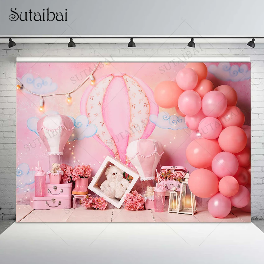 

Baby Pink Birthday Backdground Photography Dreamy Scene Hot Balloons Flowers Glitter Dots Girl Cake Smash Vinyl Cloth Backdrops