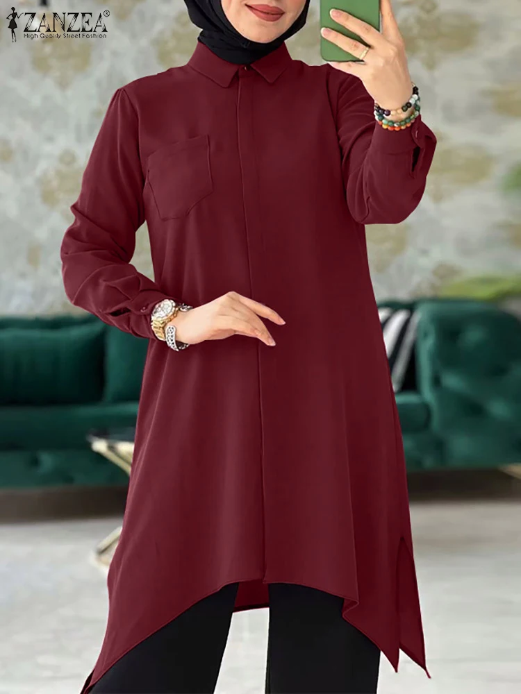 

ZANZEA Women Elegant Muslim Blouse Irregular Hem Long Sleeve Lapel Neck Dubai Shirt Autumn Casual Vintage Abaya Kaftan Tops