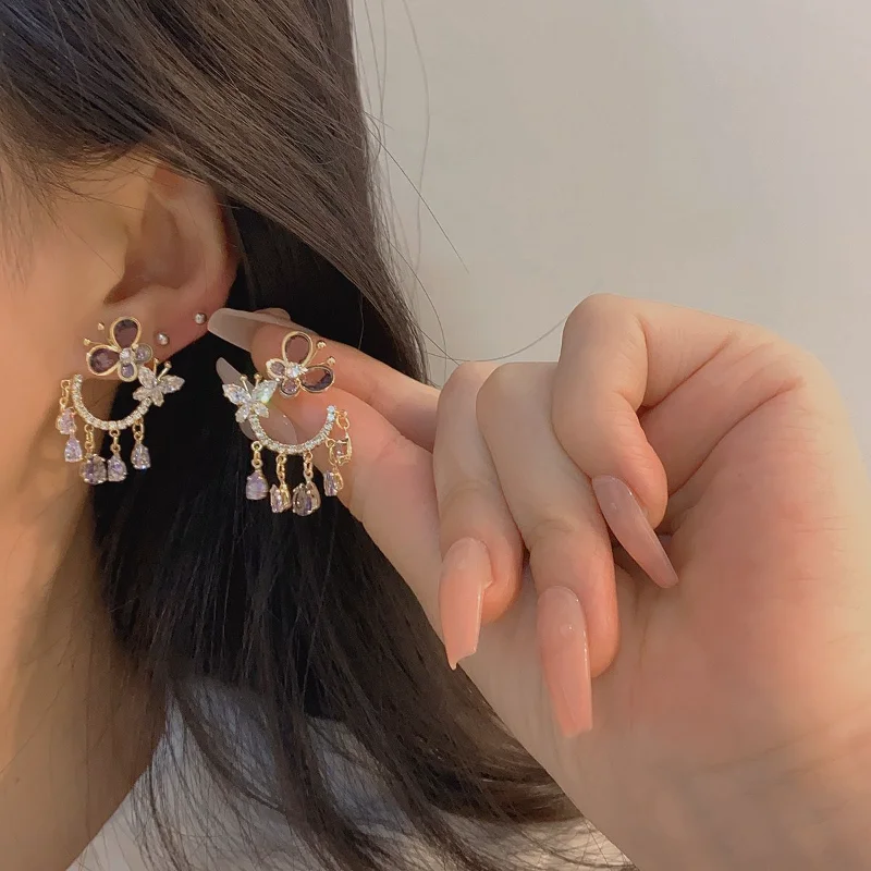 

S925 Silver Needle Butterfly Earrings Women's New Fashion Purple Pink Microinlaid Zircon Tassel Butterfly Earrings Party Jewelry