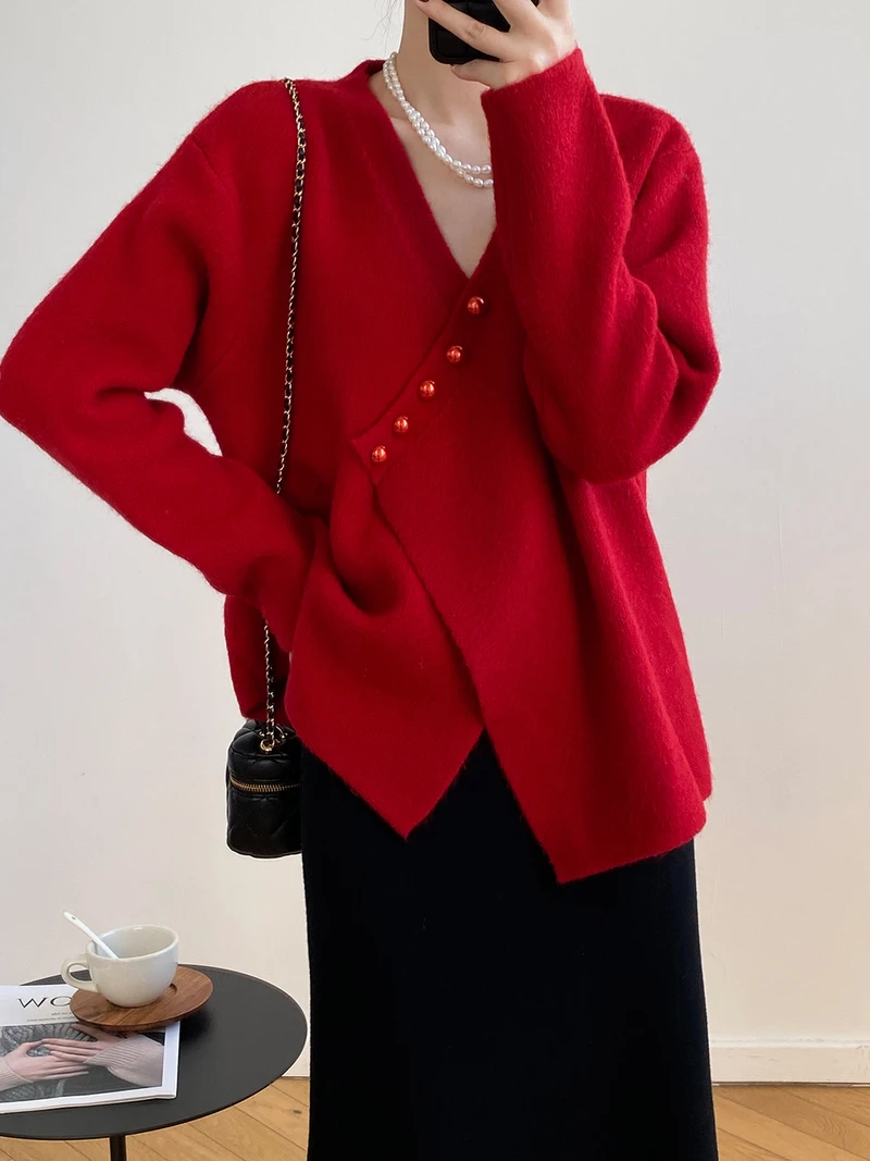 

Весенняя Модная элегантная Асимметричная однобортная трикотажная кофта с V-образным вырезом и длинным рукавом, свитера, женская шикарная т...