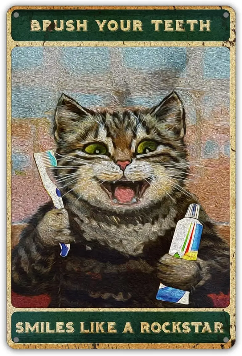 

Забавный металлический жестяной знак в ванную комнату, кошка, искусство на стену, Декор, фотография ваших зубов, улыбки, как рокзвезда, знак для дома, декор для ванной комнаты, подарок