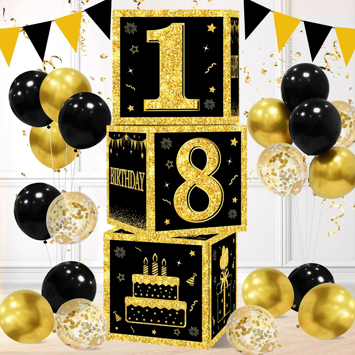 Фото Черное золото Коробка для фигурок на день рождения Happy 18, 30, 40, 50 лет, украшение для дня рождения для детей и взрослых, коробка с номером №1