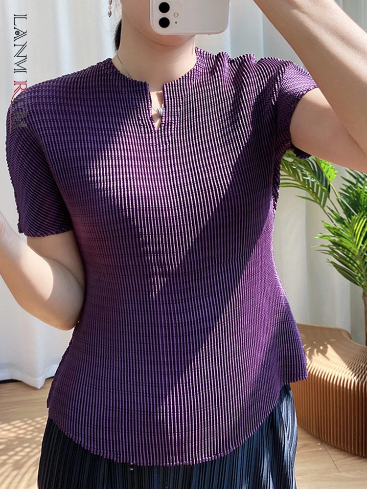 

LANMREM Women Purple Pleated T-shirt Round Neck Short Sleeve Solid Color Lady Fashion Top Summer 2022 New Arrivals 2E1862