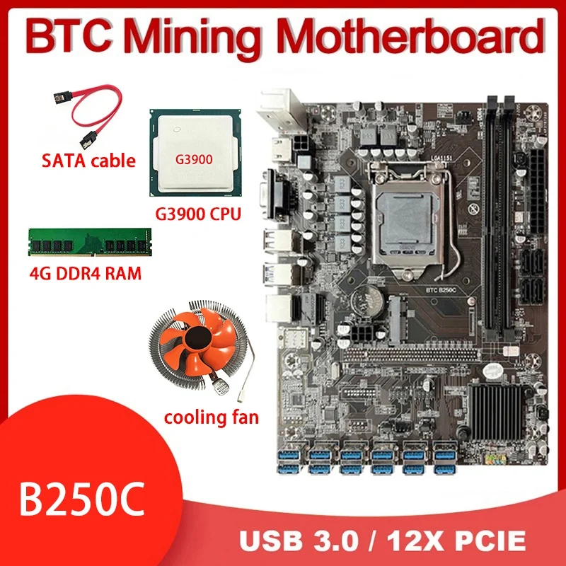 

B250C 12USB3.0 BTC Mining Motherboard+G3900 CPU+CPU Fan+4G DDR4 RAM+SATA Cable LGA1151 DDR4 Slot MSATA+VGA ETH Miner