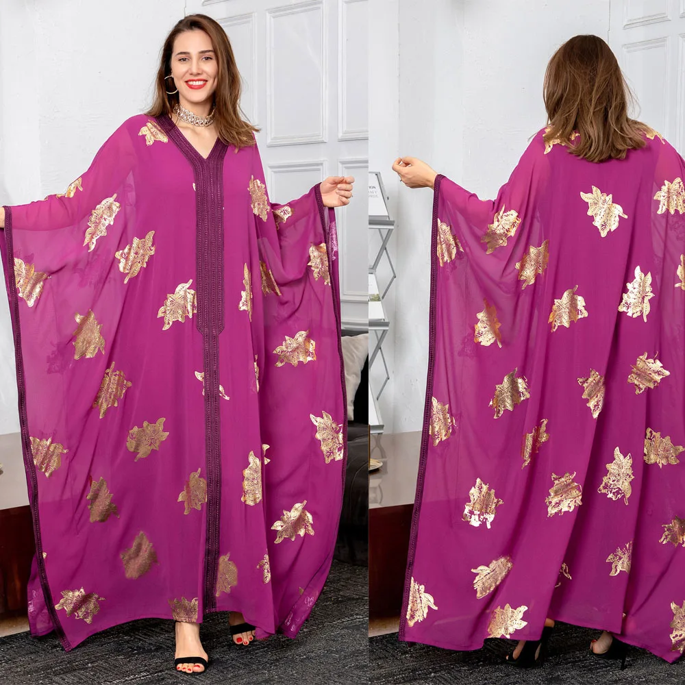 

Gold Leaves Stamping Chiffon Women Abaya Bat Sleeves Robe Kaftan Dubai Butterfly Caftan Long Dress Muslim Party Evening Ramadan
