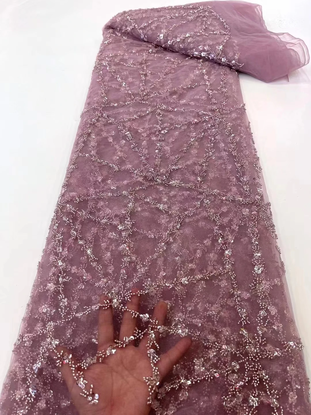 

Dusty Pink White Italian French Tulle Net Lace Sewing Beading Bridal Fabric Cloth With Sequins For Wedding Dress