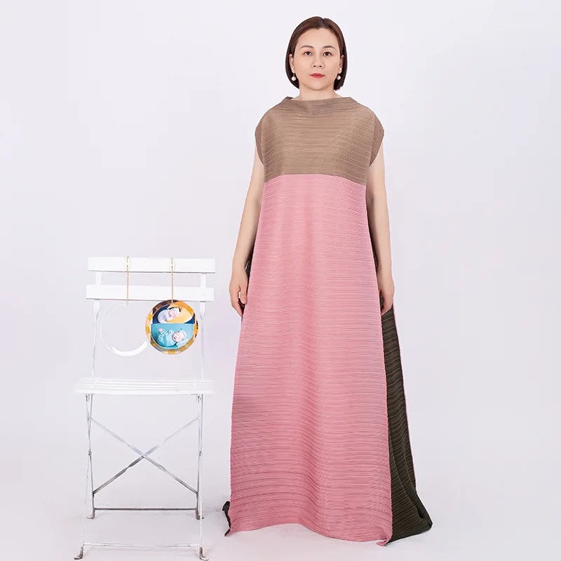 

2023 Новое плиссированное платье Miyake женское закрывающее разноцветное мозаичное платье с круглым вырезом без рукавов повседневное свободное Модное Элегантное Длинное Платье