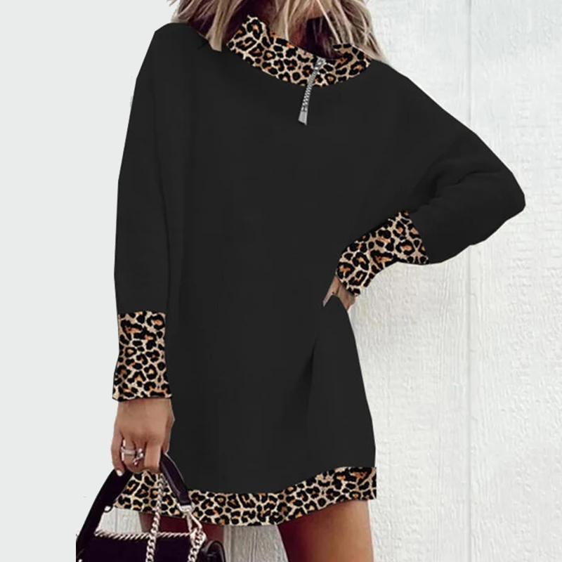 

2022 Fashion Elegant Casual Spring Autumn Leopard Zipper Hooded Long Sleeve Mini Dress Women Plus Size S-5XL Loose Dress Clothes