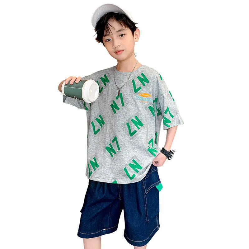 Teen Boys New Letter Clothing Sets Summer Cotton Casual 3 Color T-Shirts And Denim Shorts Cool Two-Pieces Children Outfits Suit