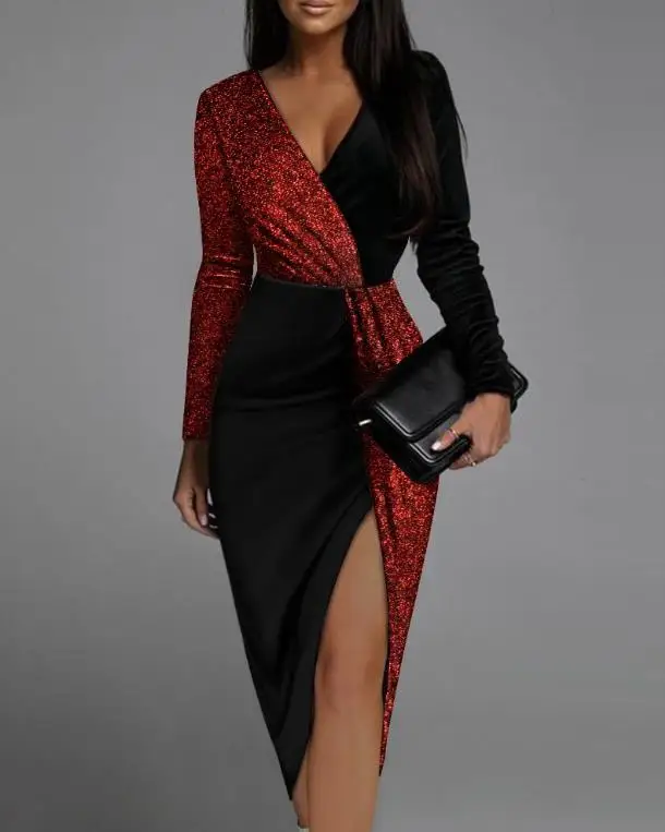 

Вечернее платье с блестками и высоким разрезом, бархатный комбинезон с блестками и длинным рукавом, женский черный комбинезон с блестками