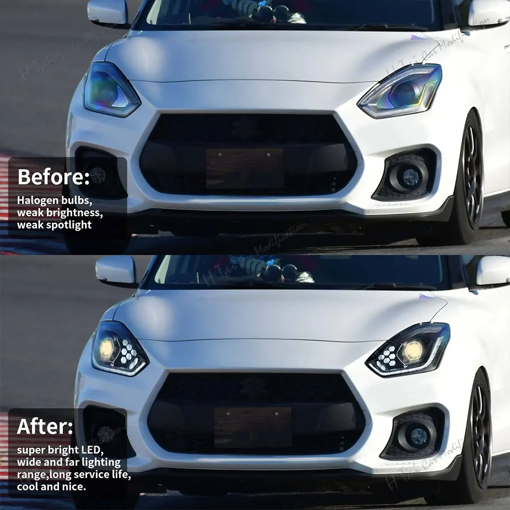 Фото Пара светодиодных фар для Suzuki Swift 2017-2024, передние фары в сборе, дневные ходовые огни, ближний и дальний свет, указатели поворота, автомобильные световые блоки. №2