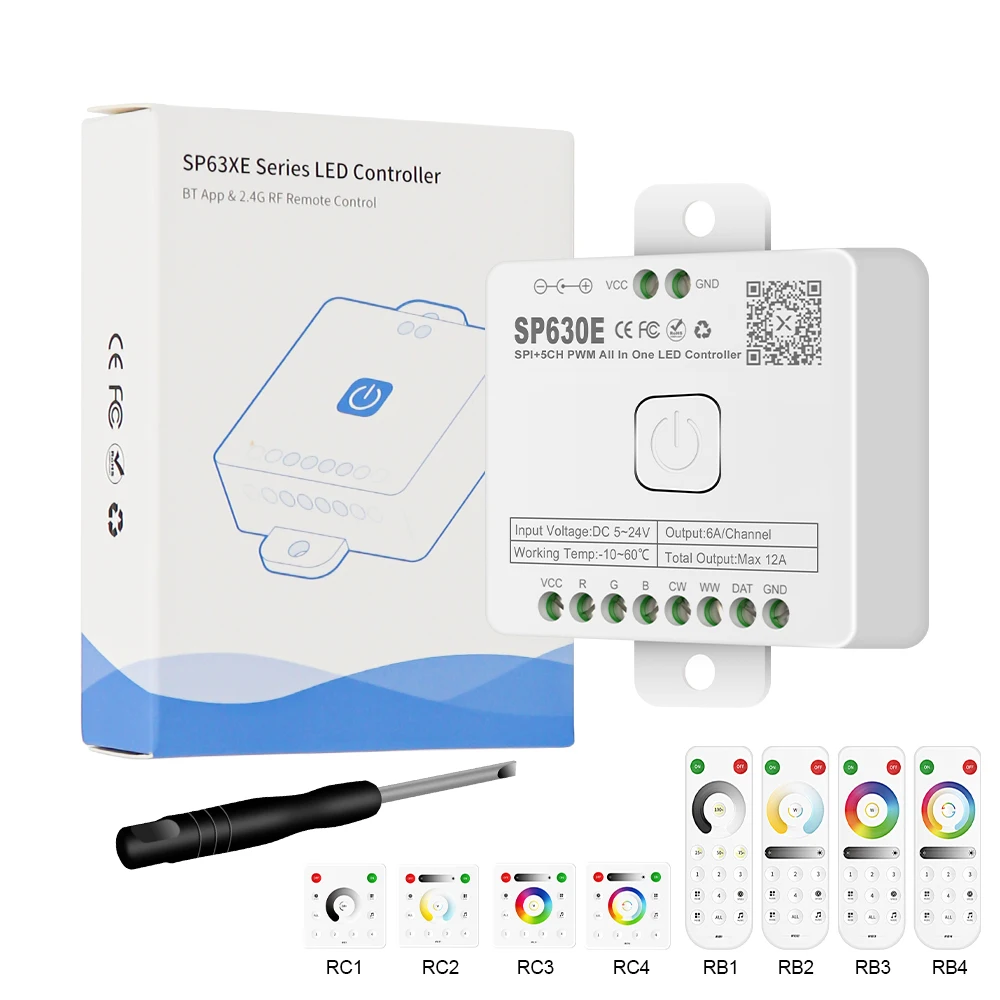 

SP630E All In One LED Controller 5CH PWM SPI Pixels LED Light Strip WS2812B WS2811 SK6812 FCOB 5050 RGB RGBW CCT Music BT 5V-24V