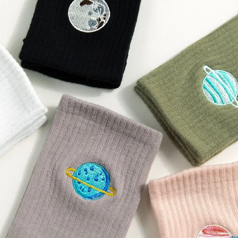 Planet Embroidery Long Socks For Women Cute Korean Japanese Harajuku Woman Socks Kawaii Girls Gifts Socks