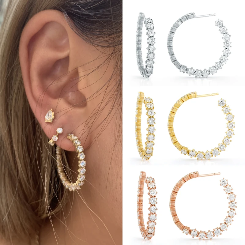 

Shiny Gold Filled Full CZ Hoop Earrings for Women Fashion Cubic Zircon Piercing Stud Earring Wedding Gift Jewelry