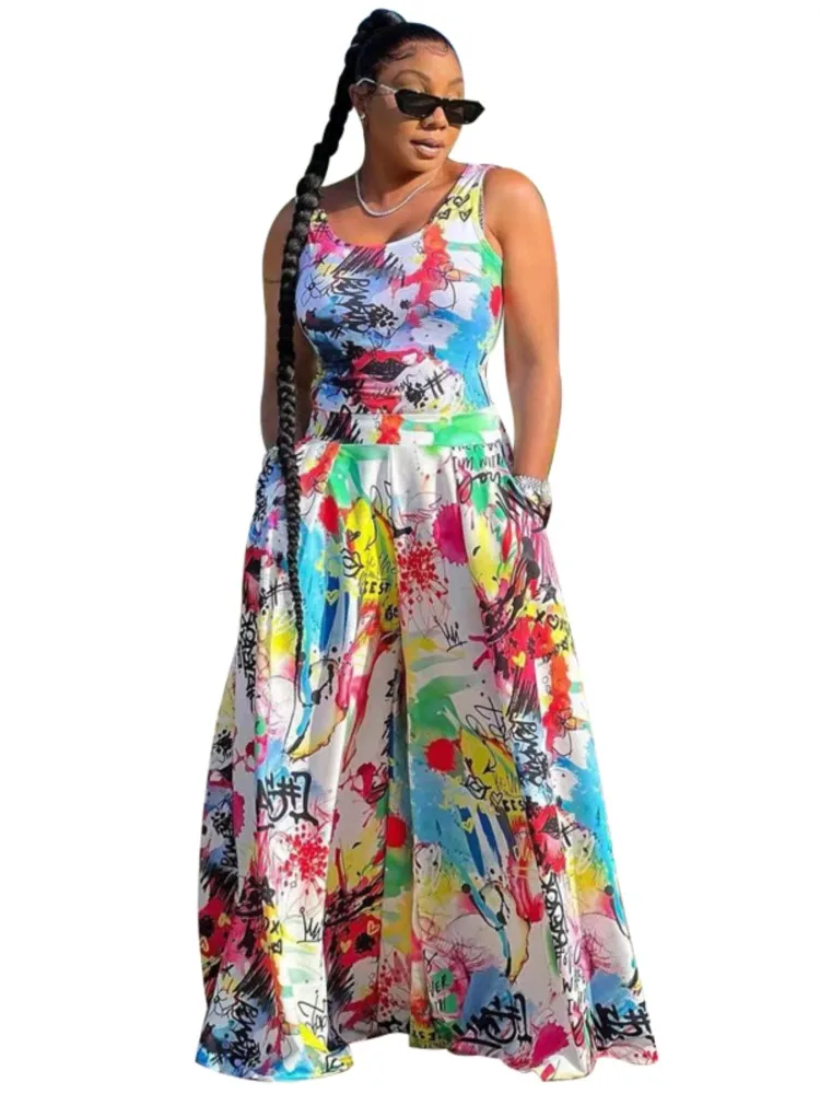 

Women Two Piece Set Sleeveless Tank Top And High Waist Wide Leg Pant Suits Sets Summer Fashion Gradient Print Streetwear Outfits