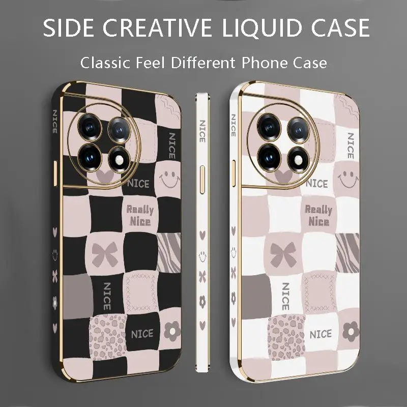 Checkered Smiley Face Luxury Plating Phone Case For Oneplus 11 11R 10R 10T 10 Pro 9 9R 9RT 8T 8 8 Pro Cover
