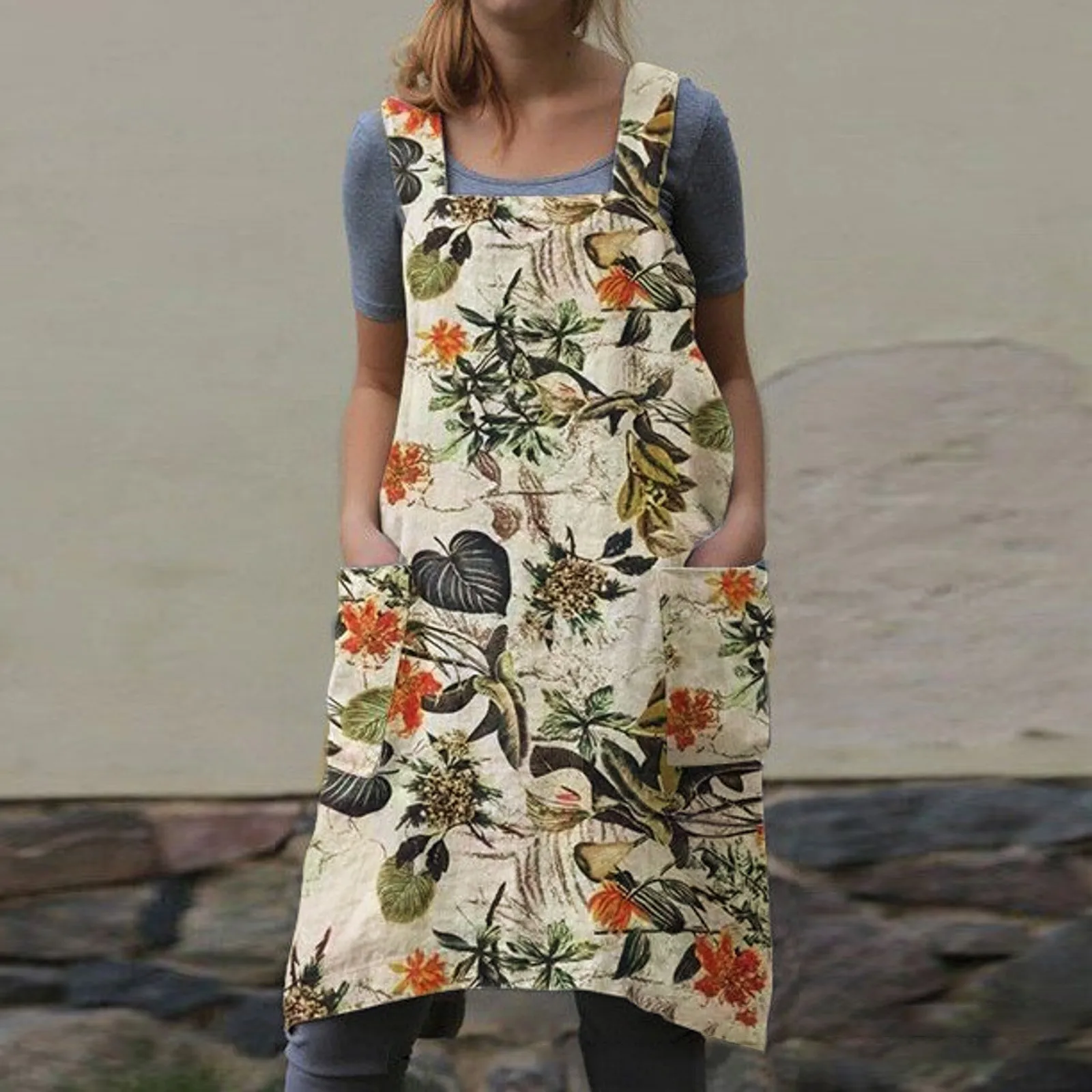 

Платье женское хлопково-льняное, садовое элегантное платье, квадратный передник, пикантное, для работы, лето