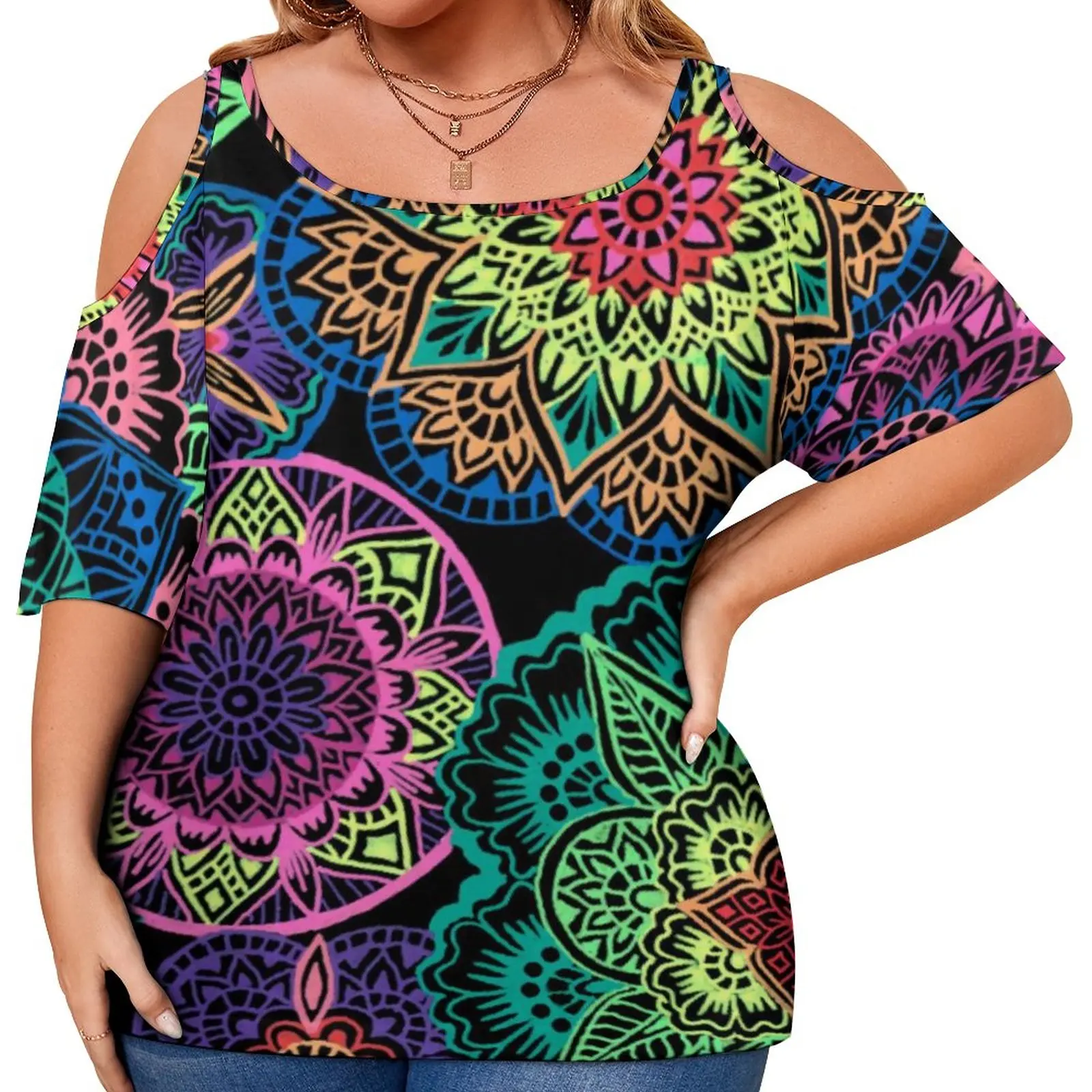 

Neon Mandala T-Shirts Colorful Floral Print Korean Fashion T-Shirt Short Sleeve Womens Cute Tee Shirt Top Tees Plus Size 4XL 5XL