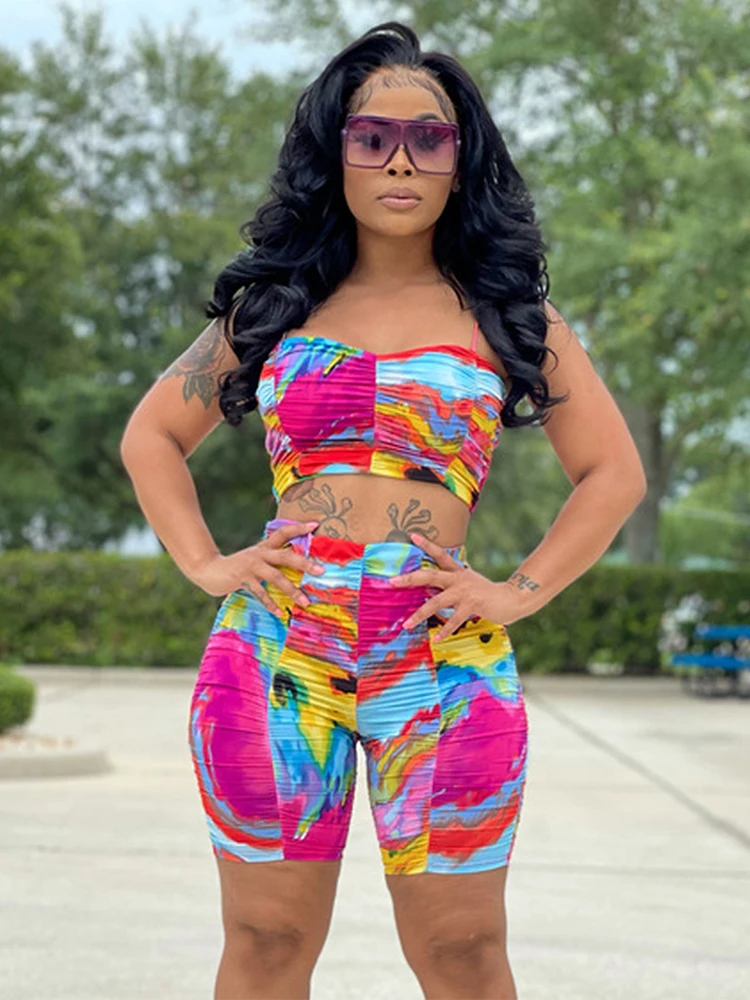 

Summer Tie Dye Print Womens Outfits 2 Piece Sets Spaghetti Strap Backless Crop Tops and Empire Waist Skinny Short Matching Suit