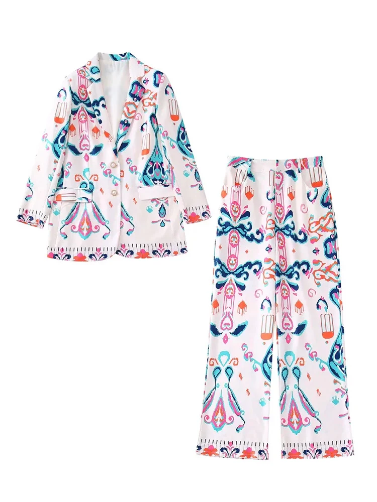 

Women Fashion Front Buttons Printed Blazer Coat And High Waist Zipper Fly Straight Pants Female Two Piece Sets Mujer